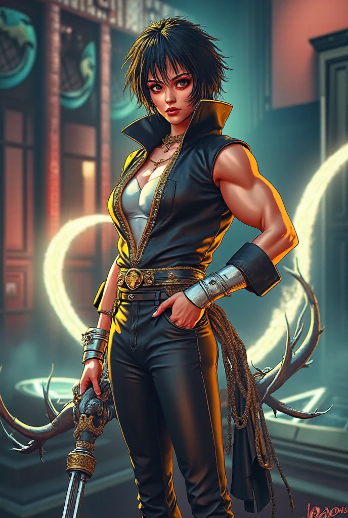 (high resolution, pixel perfect, gorgeous illustrations), (hyper quality, muste piece, etheric: 1.4), ((nsfw)), (cowboy shot), face focus, ((1girl)), (boyish, cheeky girl), (((age girl))), (hairy_woman), (((((punk))))), hot Rocker punk girl, ((((skirt lift, open stance)))), cool atmosphere, yellow eyes, white hair, ((((punk_hair, very_short_hair, slicked_back_hair)))), (((piercing))), eyelid_piercing, nose_piercing, (((Exquisite face, aroused))), ((black_lips)), tattoo, ((((muscular_female)))), (ideal ratio body proportions, slender, small breasts), fighter, (((slut))), (((wh_chi_armor))), ((((cameltoe)))), shiny skin, gleaming skin, simple background,