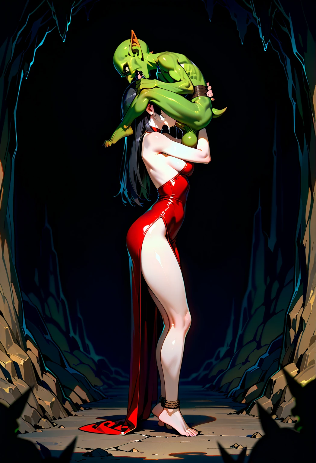 An alien in a forest with her having green skin with some details of white having completely black eyes and having an alien face she is tall being 3 m and 10 tall with her having tentacles coming out of her groin and has no nails she doesn't even have a nipple she has a lizard tail and not for her hair she has a huge ass and big thighs and huge giant hips