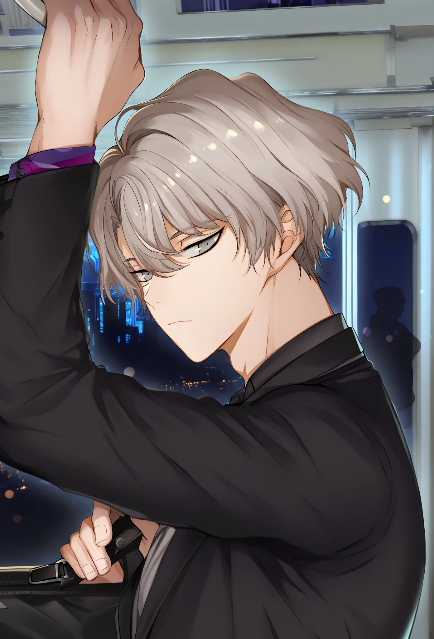 (masterpiece, best quality), amazing quality, very aesthetic, absurdres, highres, newest, 8K, HDR, 8K, 1man, male focus, joshua, Dear Vocalist, grey eyes, silver hair, short hair, wavy hair, lean, muscular, handsome man, handsome face,  man, suit, holding black bag, :/, sad, holding hand grip, train interior, arm up, hand up, from side, night background, bokeh, neon night building from window, dark background, (blue neon), black night background, intensed shadow, (blue ceiling light)