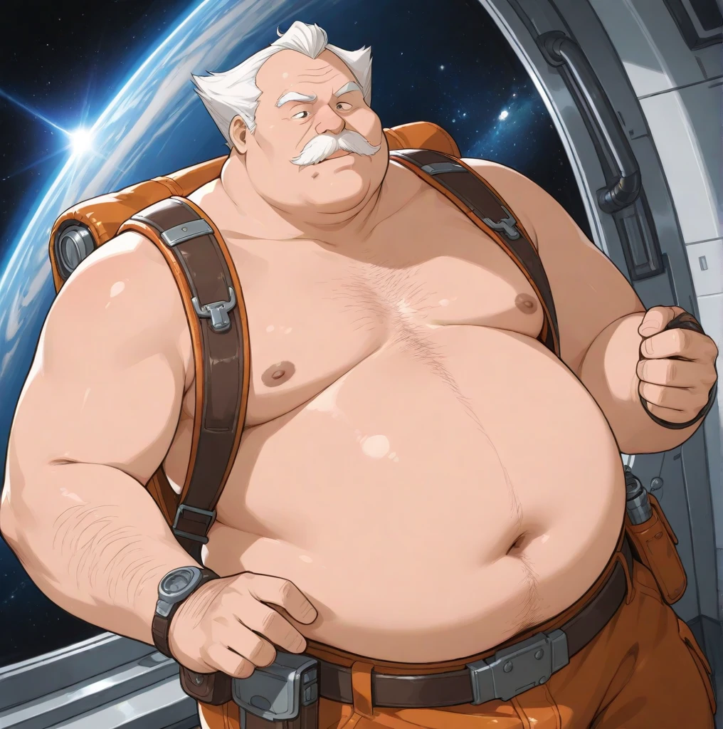 full body portrait, strong burly hairy mature older man(space captain), wearing futuristic captain's uniform insignia (neon and black) (open and revealing) (latex) , gray hair, broad shoulders, round belly, thick feet, bulging micro thong, barefoot, scifi spaceship captain uniform, neon lights, best quality elegant masterpiece, military buzzcut, dark mustache, gray stubble, latex, wearing a latex thong, big bulging crotch, futuristic gear equipment, wearing see through plastic chest armor (neon yellow and electric blue), wearing neon yellow see through chest armor, wearing electric blue latex chaps(see-through) , wearing cool neon sneakers,in spaceship cockpit, lying in spaceship sleeping quarters(bed) (view from above), smiling with teeth showing, nicebulge, waiting in bed, glowing armor, legs up(!) and spread(!) , big muscle ass, wet and dripping ass, hairy pecs, thick long legs, silver hair