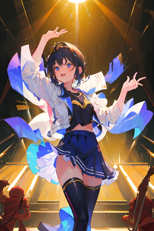 (Top resolution),1womanl,Anime,Black Leotard,Black mini skirt,Dancing on stage,icy