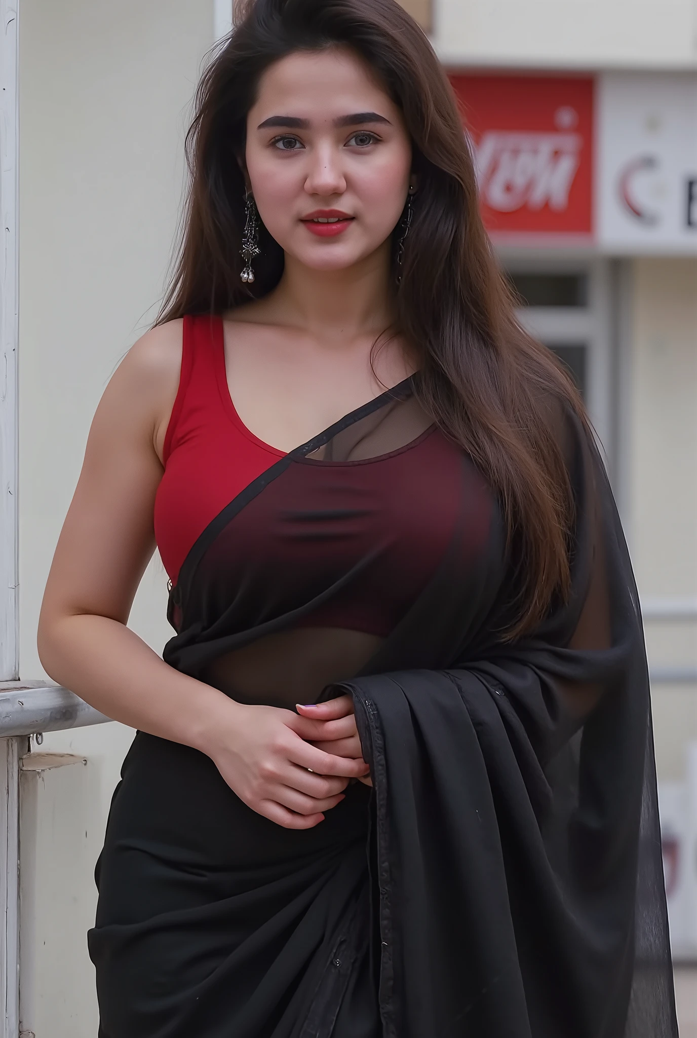 Beautiful Girl in Black Saree, Red bra blouse, Sexy Saree, Big Breast, Beautiful black eyes, Long Hair, Indian, Collarbone, Beauty enhancing face, full body pose, Full pose, Model Pose, Standing in Balcony, Ultra Realistic, Realistic, 48k, Ultra Hd, Full body pose, Standing pose, front pose, looking camera
