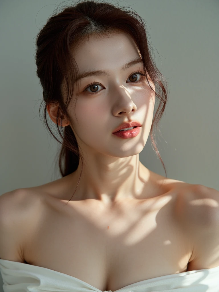 laos rhytmic gymnast girl, 1 girl, age 18, skinny,thin thighs, tall (160cm) ,full body shot,model body, skinny ballet model, ballet model, ((looking at viewer)), naked, breasts, nipples, the model is standing , front shot, (pale skin), (big eyes), face forward, blond pink hair (long shiny ponytail hair) , (looking at viewer:1.3) very slim, cowboy shot, simple background