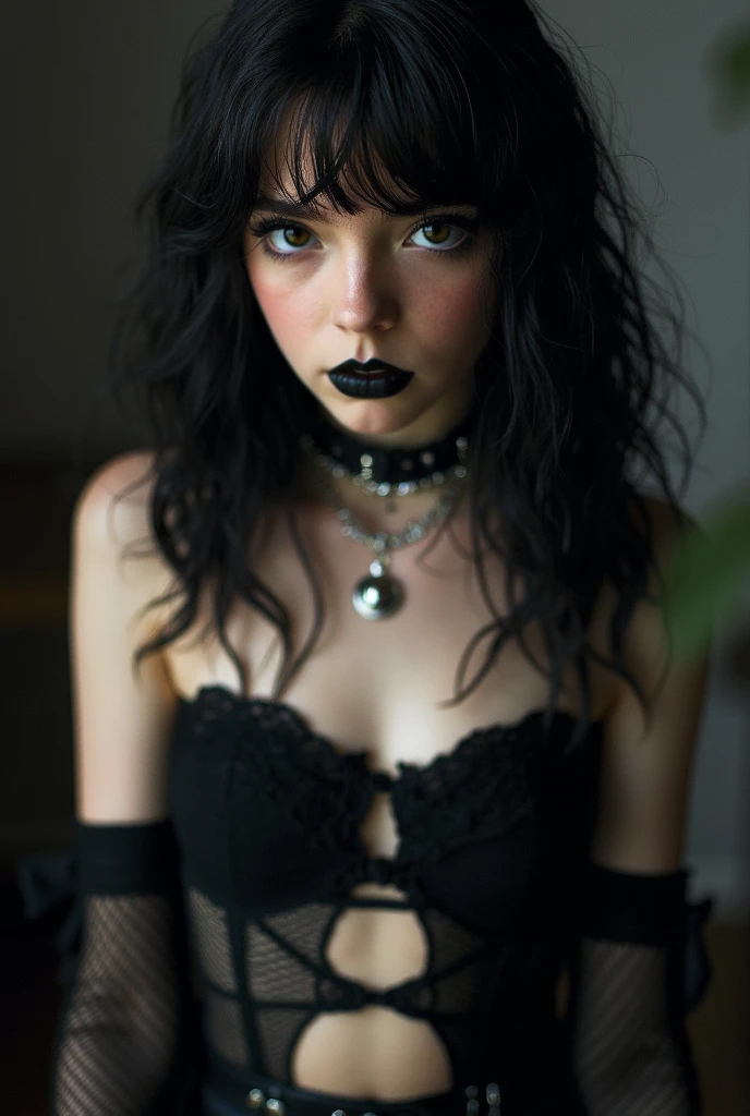 there is a woman with makeup and makeup on sitting on a bed, with haunted eyes and wild hair, with haunted eyes and dark hair, with haunted eyes and crazy hair, with wild hair and haunted eyes, scary look, gothic horror vibes, with haunted eyes and curly hair, pale goth beauty, 1 7 - year - old goth girl, sinister pose, gothic makeup, goth