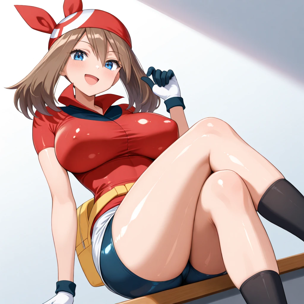 May from Pokémon, triple n size boobs, thin waist, slender body, medium size butt, She wears a red short-sleeved shirt with a navy blue semi-circle on it, a yellow fanny pack, white gloves with navy fingertips, a white mini skirt under the shirt over dark blue cycle shorts, and black ankle socks along with red shoes with black and yellow stripes, red bandanna covering the entire head with the two ends sticking up, light brown hair, long thick mousse brown hair with thick side tails, and with a side fringe falling across the forehead, light blue eyes.