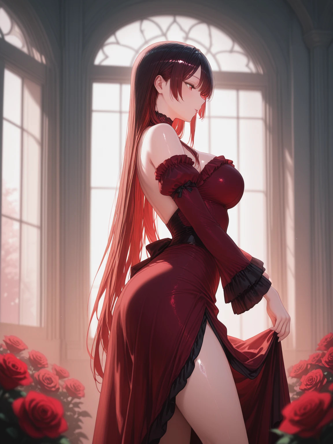 ((((Obra maestra, La mejor calidad, ultrahigh resolution)))), 1girl, standing,), ((long pure brown hair, hair over eye)), long hair cut, shiny skin, ((golden eyes)), glowing_eyes, neon eyes, (ultra detailed eyes:0.7, beautiful and detailed face, detailed eyes:0.9), ((centered)), smirk, facing viewer, ((vibrant background, dark lighting, summer, sunlight)), large chested, looking at viewer, ((half closed eyes)), ((perfect hands)), (((head:1, arms, hips in view, elbows, in view))), ((hands behind back)), empty eyes, beautiful lighting, ((outside, outdoors)), defined subject, head tilt, (((gritty)), ((creepy)), ((cool)), ((beautiful)), (((SFW))), hair ornament, petals in the air, moon in the sky, city, mature woman, adult woman, sfw, pink and white dress, night dress, she is a princess, large chest, big ,