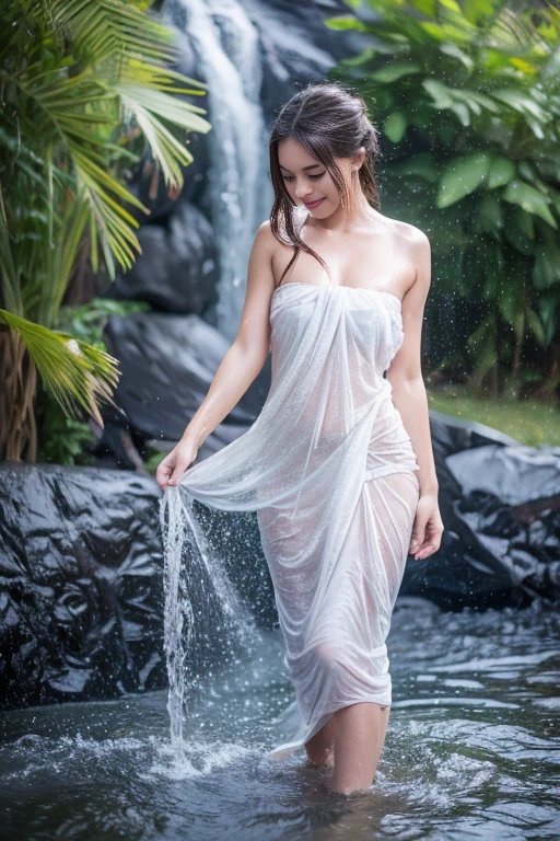Brown skin korean girl, long dark hair, white see through Saree, barefoot, forest, rain, muddy, pool, nudity all over body