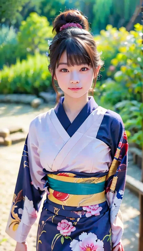 yo 1girl, solo, outdoor, cute japanese model girl, kimono, floral print, hair ornament, looking at viewer, hair flower, brown eyes, bangs, masterpiece, best quality, realistic