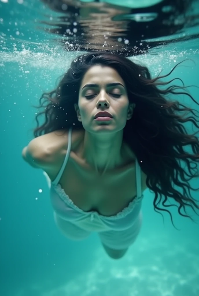 (best quality: 1.4), (Ultra Highres: 1.2), (photorealistic: 1.4), (8k, RAW photo: 1.2). The description of the Samaritan woman's physical appearance is not detailed in the biblical narrative, but her Samaritan origin suggests that she likely had similar characteristics to other people in the region. She is naked underwater, her private parts do not appear