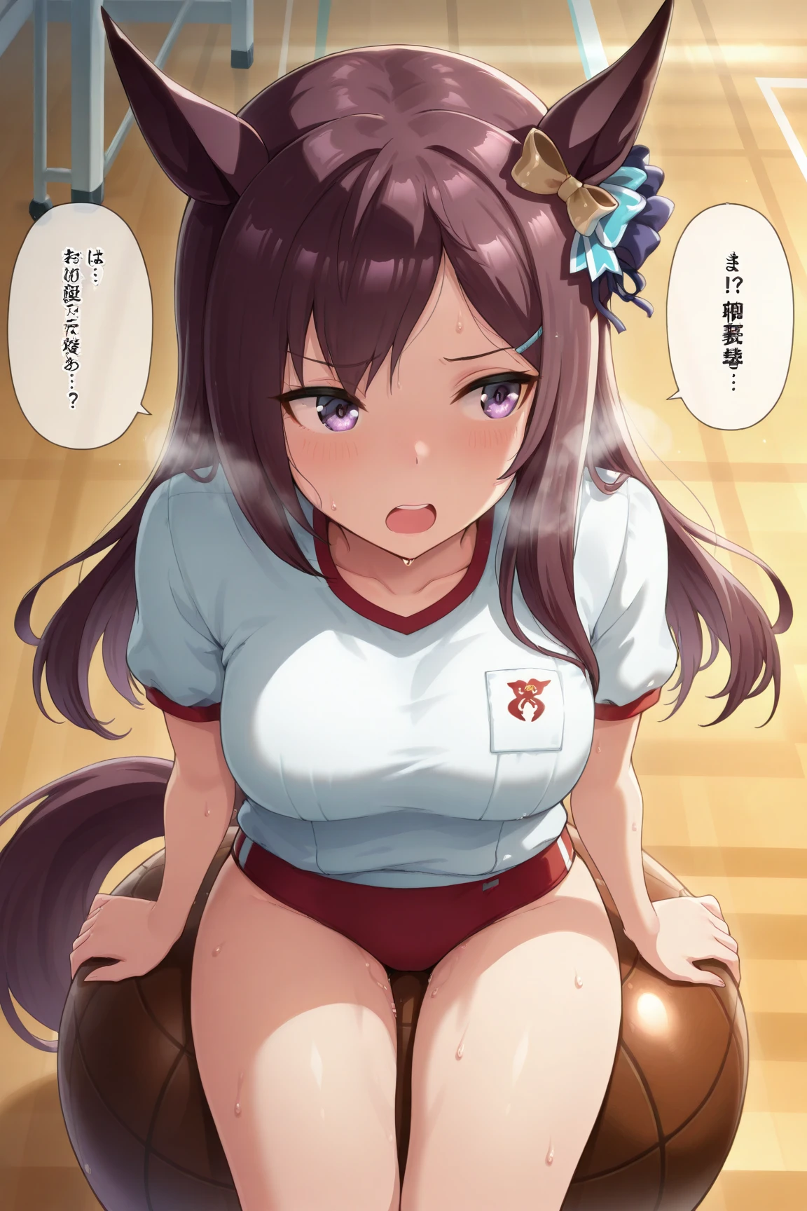 Highest quality,masterpiece, Highest Resolution, 1 girl,nsfw, full naked, paizuri, kneeling, indoor, classroom, (huge breasts:2.0), lift up my breasts,pink nipple, smile, close up, horse ears, horse tail