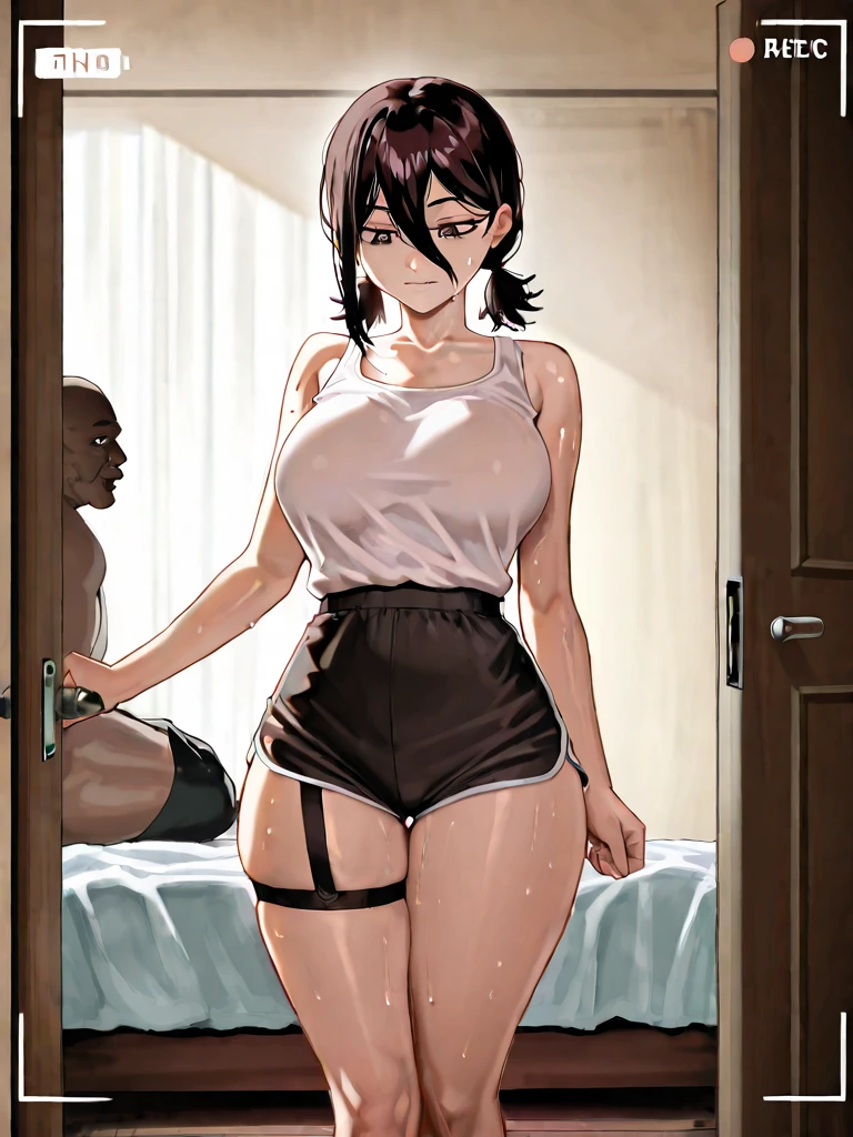 、(masterpiece、Highest quality)、Highest quality, Ultra-high resolution, (((masterpiece))), alone, Sweat、Big eyes, Composition from the front、Shortcuts、Embarrassed face、Bronze colored hair、Cut the back hair short、Bathroom、Shower scene、 Expose、Completely naked、pubic hair、belly button、Large areola、Nipples、short hair
