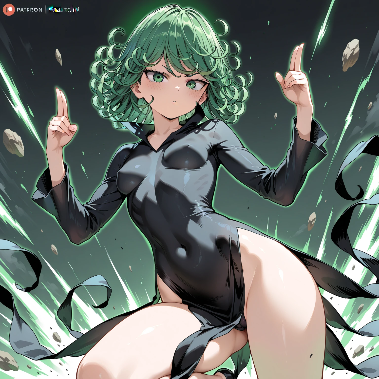 (top-quality, ４k), 1 girl, tatsumaki, Short Hair Hair, Green hair, tiny chest, the perfect body, ultra detail face, Detailed lips, Slender eyes, standingn, enticing, excited, in heat, steam, trembling, , Looking Up, From directly above, 　  Torture Electric Vibrator The vibrator is fixed in the woman's crotch The rotor is attached to both chests Suffering face Face reddening Crying:1.5 Panting panting voice　Lustfueling ecstasy　Sw (Floating in the night sky)　(natta:1.2)　dream-like　convulsions　Squirting　Areola showing thexposed breast　Nipple protrusiole prot　A black dress thaet and see-through　Off-shoulder clothes that are wet and see-through　(place々Woman in torn black clothes)　(place々Woman in torn black clothes)　Clothes that show through the　Clothes with one part of the chest sliding off　Torn and flipped clothes　no-bra　Panties　Crotch bitotch split　pink nipplesreola　Wearing a black sheer chest of d