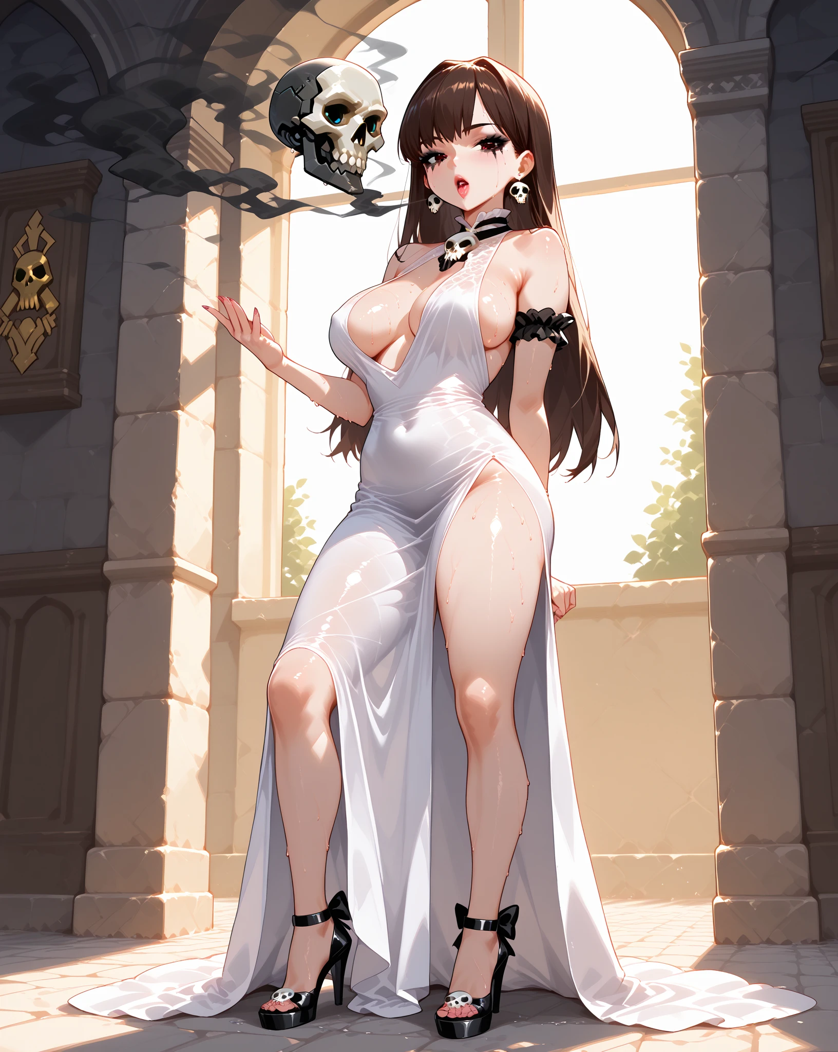 seductive lady with ample bosom and wearing slutty wedding dress, WEDDING DRESS, nsfw, devil horns, long black hair, blue eyes, sitting on the ground with one bare foot up towards the sky and the other barefoot down