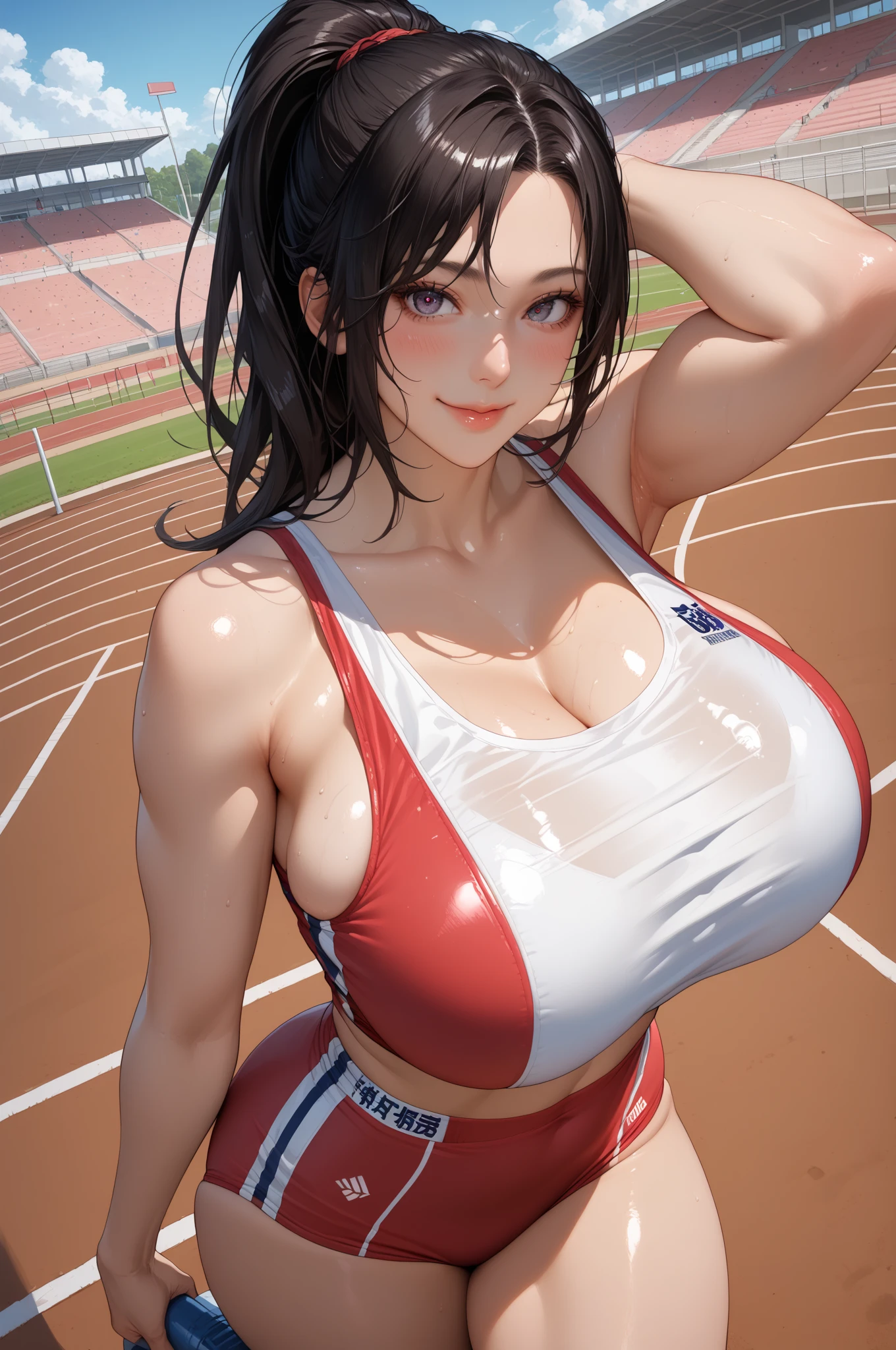 teenage girl、(masterpiece:1.4)、(In 8K、realistic、Raw photo、highest quality:1.4)、(real face:1.4)、(real looking skin:1.3)、超A high resolution、超realistic、beautiful detailed eyes、black short hair、white swimsuit、high detail、(huge breasts:1.5)、blush、embarrassed look、choker、school playground、sports conference、camel toe、huge tit、Nipple Puffs、cleavage、Plump、Super big breasts、super big butt、See-through、cowboy shot、athletics stadium、Super Busty Athlete Tournament