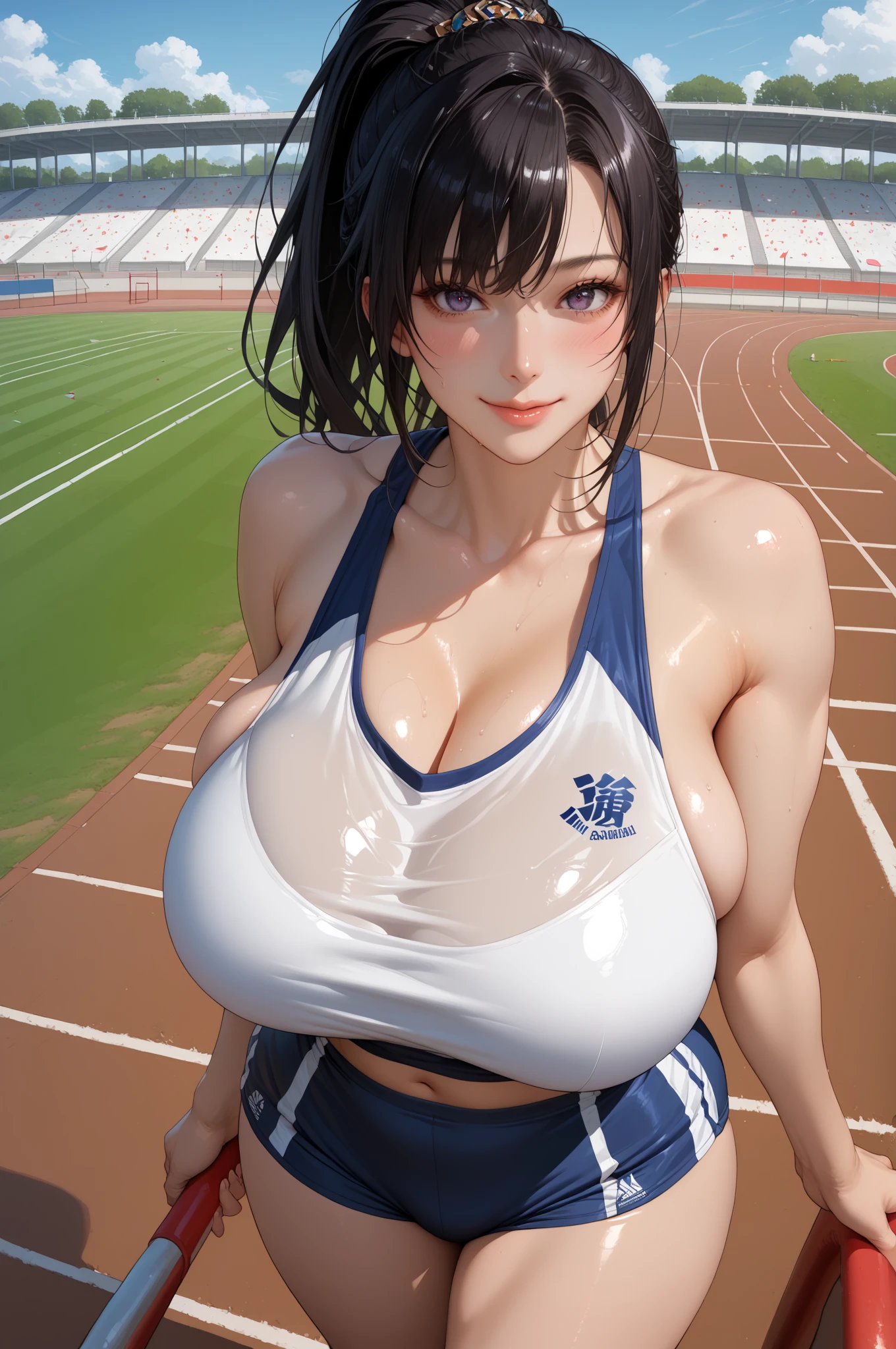 (masterpiece:1.2, Highest quality), (Realistic photos), Beautiful illustrations, (Natural side lighting, Cinema lighting),(1 girl), Japanese, 20-year-old female, Perfect Face, Symmetrical cute face, Glowing Skin,Black Hair、Bun Hair、nape undercut、Dark blue eyes, (Huge breasts:1.1), Slender build、Beautiful Hair, Beautiful Face, Fine and beautiful eyes, Beautiful body, Beautiful breasts,(Sports Bra、Sports shorts),Stadium、smile、Blushing、stand、(My whole body is wet:1.1)、blue sky