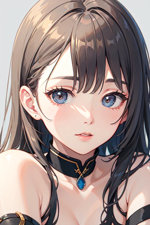 face focus, cute, masterpiece, best quality, 1girl, solo, jewelry, blonde hair, hair ornament, earrings, hairclip, looking at viewer, portrait, short hair, white background, parted lips, blush, bangs, simple background, signature, necklace, virtual youtuber, bare shoulders, collarbone, multicolored hair, aqua eyes, hair ribbon, open mouth, purple hair, star earrings, nude, nipple slip