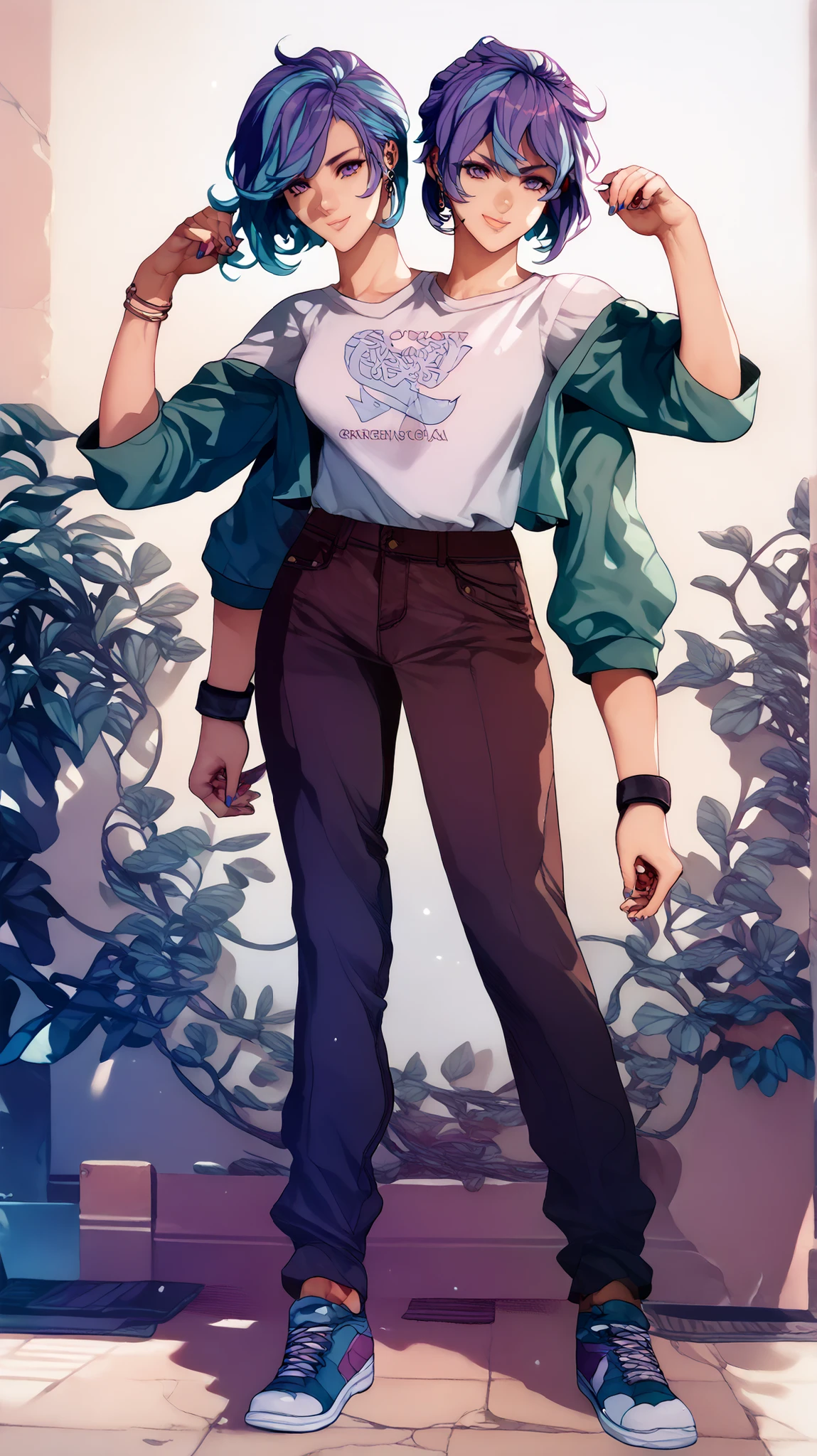 2heads, young woman, 8, multi colored hair, long hair, short hair,different hairstyles, different hair-lengths, short hair, long hair flirty, (full body), dynamic pose, four arms, no pants