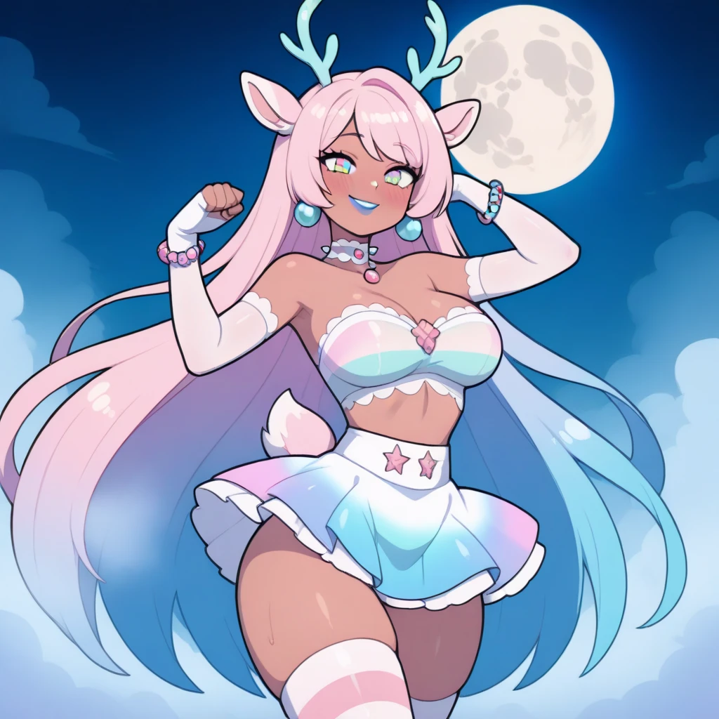 Aelfyre Whitemane dressed in a solid white sci-fi-like bunny costume with a black star badge surrounded by skies and white clouds in brush pen art style