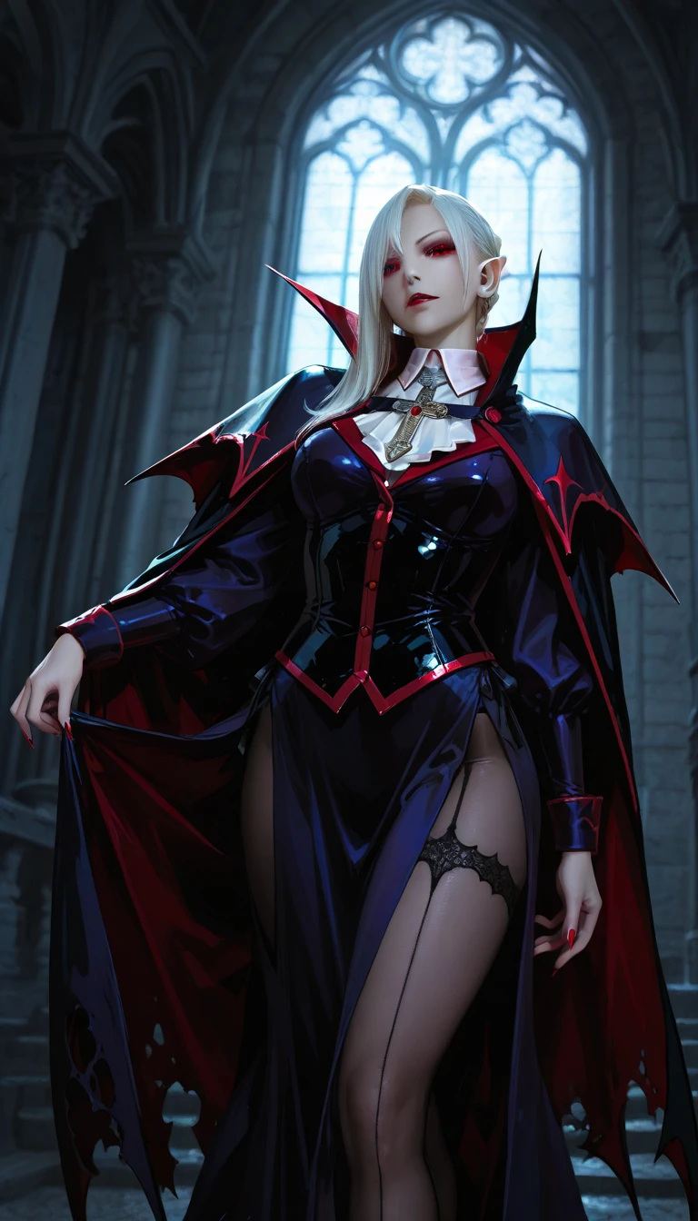 Vampire female body, costume / dark red black and white, wearing a wide-brimmed hat, unilateral cape, wearing a black crocodile leather deep V tights, red leather slit long skirt, high heels, mysterious temperament, noble, elegant and beautiful wear, 8K, realistic, Unreal Engine, detail, movie, 8K, multiple poses