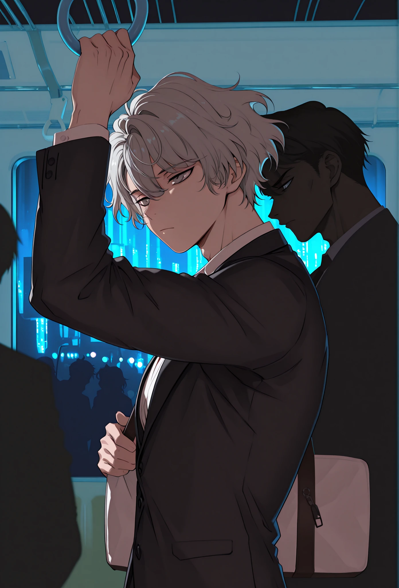 (masterpiece, best quality), amazing quality, very aesthetic, absurdres, highres, newest, 8K, HDR, 8K, 1man, male focus, joshua, Dear Vocalist, grey eyes, silver hair, short hair, wavy hair, lean, muscular, handsome man, handsome face, sexy man, suit, holding shoulder bag, :/, sad, holding hand grip, train interior, arm up, hand up, from side, cowboy shot, night background, bokeh, neon night building from window, dark background, (blue neon), black night background, intensed shadow, (blue ceiling light)