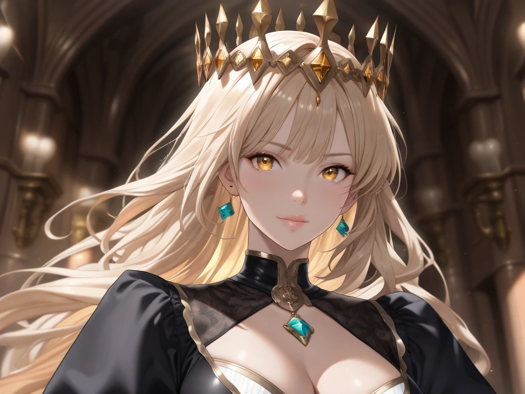 ((Highest quality)), ((masterpiece)), (detailed), （Perfect Face）、The woman is the evil queen Grimhild, Yuki Asuna, with bright brown hair in a semi-long style, wearing lipstick, thick eyeshadow, and heavy makeup.、The woman is dressed as an evil queen, wearing a black Victorian dress with luxurious gold embroidery and trim, a black cowl fitted over her face, luxurious earrings, adorned with lavish accessories, and a magnificent golden crown. She is a beautiful and evil queen, standing and reigning in front of a magnificent throne. She possesses majesty, elegance, and grace, with a stunning figure and a captivatingly alluring beauty, making her an absolutely stunning woman.、The woman has Snow White as her wife and keeps her by her side.