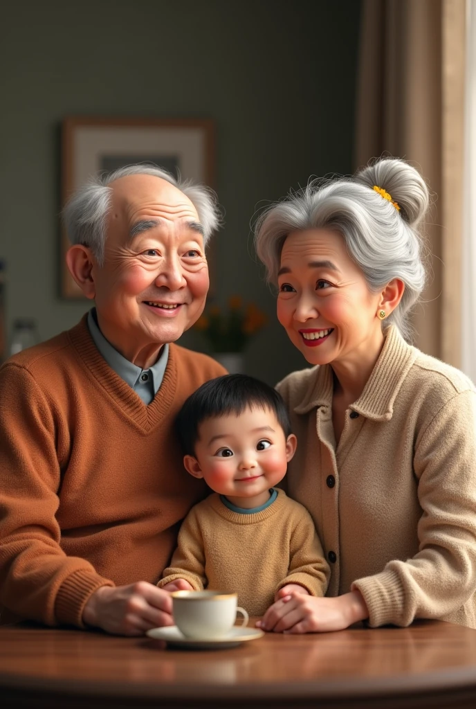 Grandfather and grandmother holding baby grandson realistic photo
