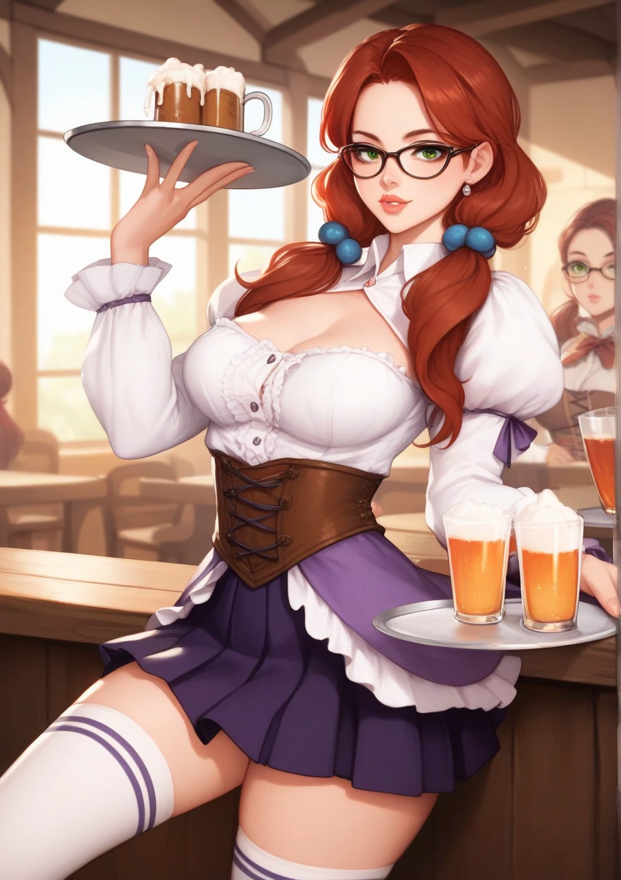 (masterpiece), best quality, expressive eyes, full body, perfect face, perfect hands, cute expression, blushing, divine, adult ginger raccoon , sexy double-breasted jacket, short wavy skirt, cleavage, see through, large breasts, thicc thighs, mountain view lounge bar, sensual pose