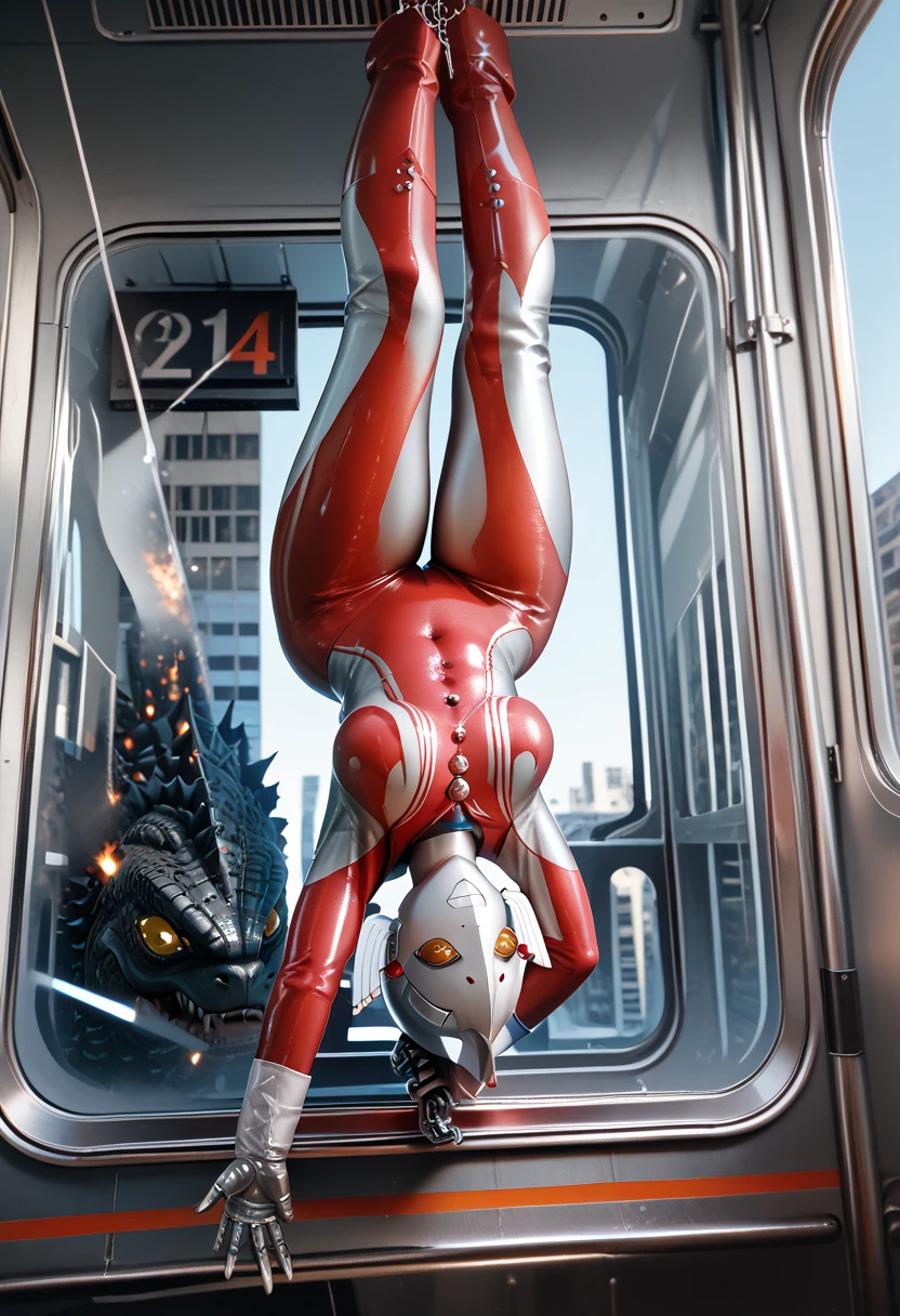 Animated scene of a woman in a futuristic suit carrying a giant snake, Female body type, Tentacles are touching her, highly detailed Giantess shot, Giantess art, Female cyborg body, Covered in red slime, Biomechanical Boobs, Has a tentacle-like tongue, Giantess shot, Giantess, macro Giantess