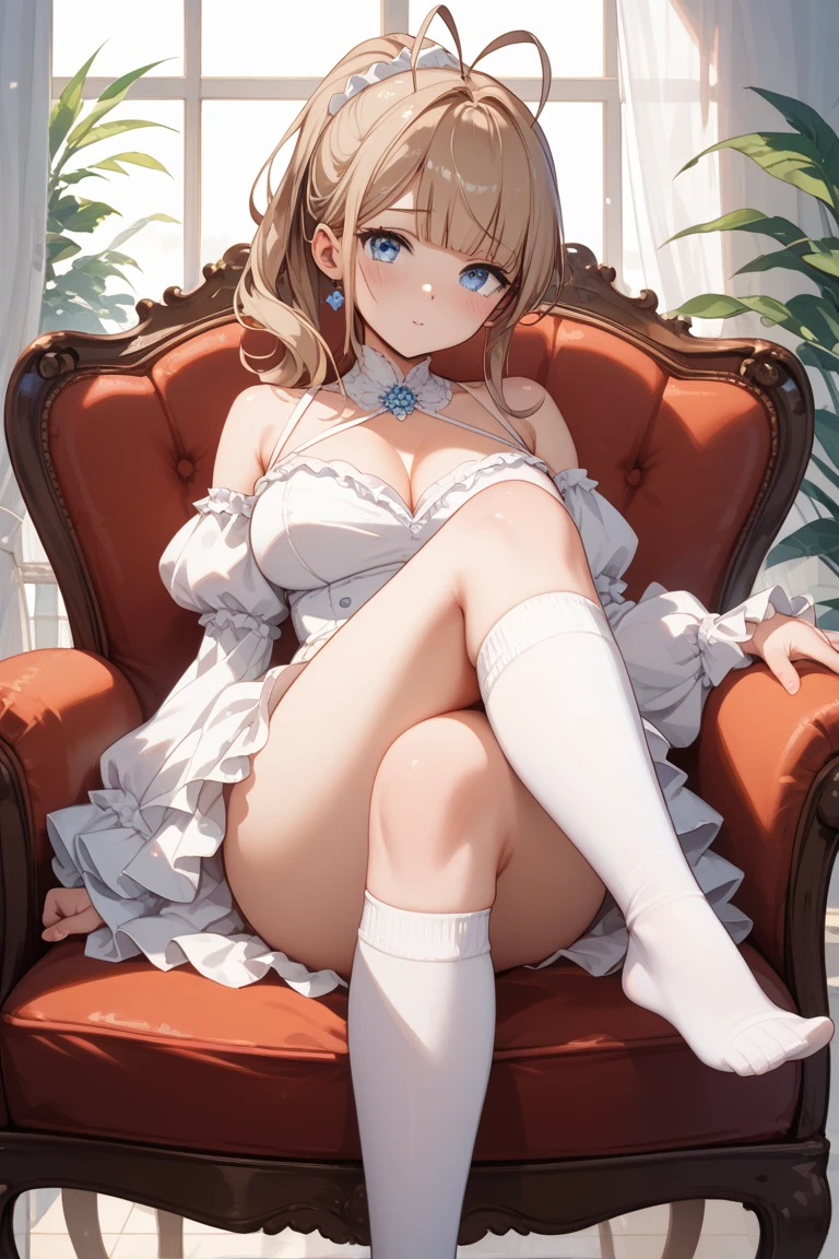 anime, beautiful face, highly detailed face, 2 accurate legs detailed eyes, highly detailed background, perfect lighting, accurate arms, accurate hands, accurate fingers, full body, 1girl, solo, ruby hoshino, oshi no ko, indoors, detailed heels, white detailed thighhighs, outdoor, ina garden of flowers, absurdres, high res, ultrasharp, 8K, masterpiece, looking at viewer, elegant pose, (full body:1.4), smiling with compassion, teasing smile, detailed dress, patterned wedding dress, cleavage, sitting down on a chair