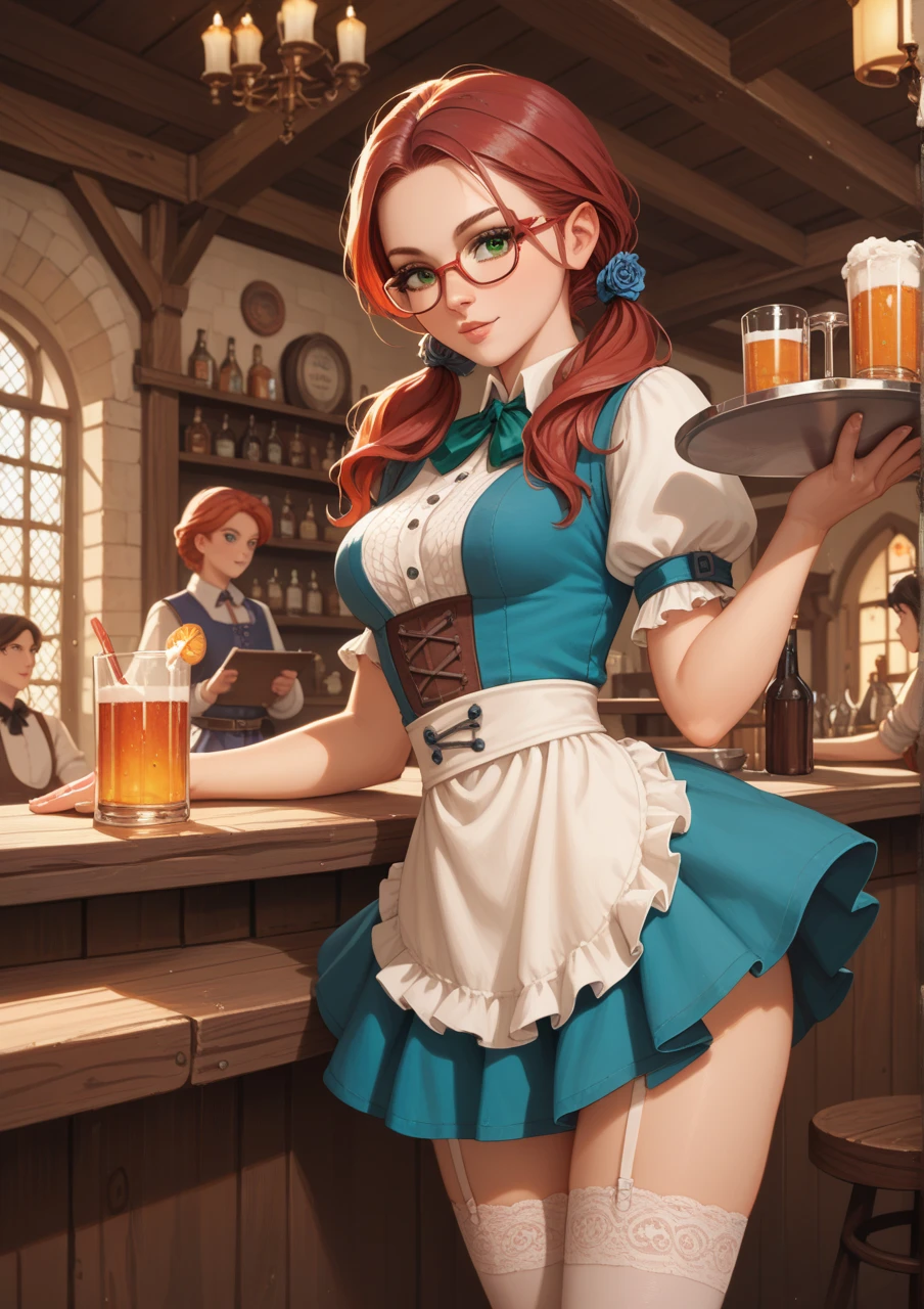 ((masterpiece, best quality)),  <lora:ShamrockWorld-10:0.8>, ShamrockWorld,  clover, four-leaf clover, light particles,  1girl, orange hair, closeup, seductive smile, green eyes, german clothes,  beer mug, green drink, dress, cleavage,