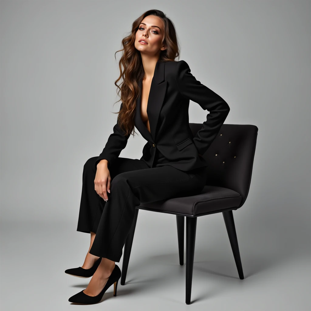 latina woman,30 years old,posing in living room, professional outfit, high-heels , large breast ,rich colors,deep shadows,bright highlights,highres,best quality,8k,ultra-detailed,realistic,photorealistic,photo-realistic:1.37,masterpiece:1.2,extremely detailed eyes and face,longeyelashes,volumetric lighting,cinematic atmosphere,chiaroscuro,lighting