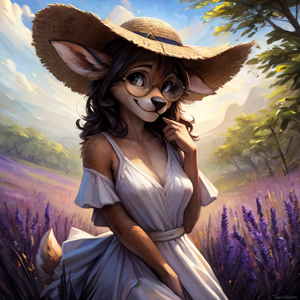uploaded on e621, by Pixelsketcher, by Bayard Wu, by Thomas Benjamin Kennington , by Einshelm, by hioshiru and kenket, Chunie, portrait, solo anthro female deer doe, with small featureless breasts, clear dark blue, cinematic lighting, day, sunny day, lavender field, stays in a lavender field, lavender field background, mediterranean background, horizon background, shiny, short curly dark brown hair, wears big black nerd glasses, very very beautiful furry art, furry art, smiling, joyful, shiny, happy, feminine, cute face, muzzle, fluffy chest, flawless face, Fallow deer, 1girl, Sakimichan is beautiful, Masterpiece, Wavethesallow Face, shiny, Detailed image, portrait, Detailed image, portrait, full body, wearing pure white and wide spaghetti straps dress, wearing big and wide beige summer straw hat, shiny, realistic face, perfect anatomy, hourglass body, (furry body:1.1), anthropomorphic deer, looks at the viewer, small fluffy tail, detailed background, (cute anatomy:1.1), stands in a lavender field