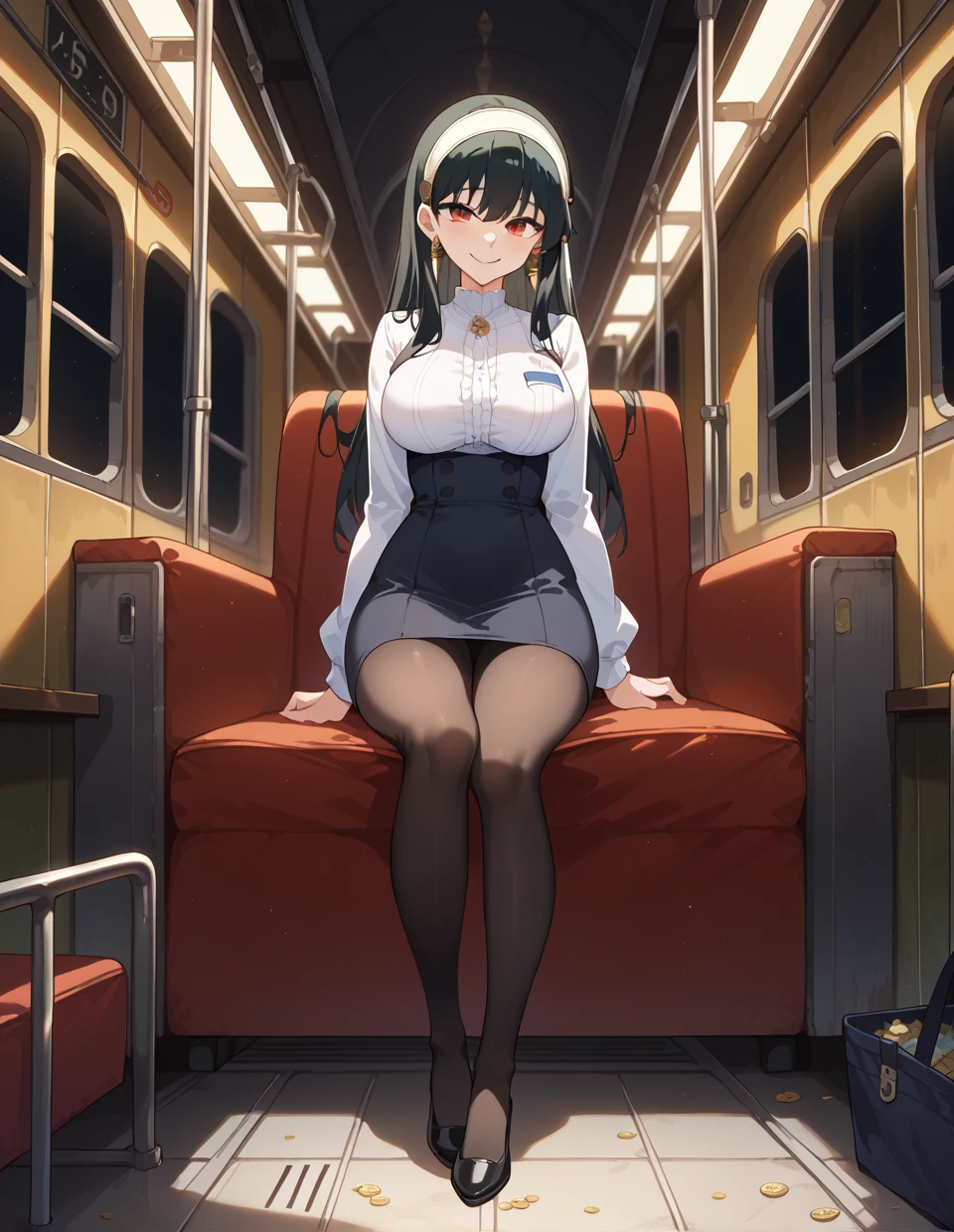 A beautiful high school girl sitting with legs apart, wearing black loafers, black blazer, open legs, black pleated skirt, green bra, , large breastsage, thigol, commute, urban setting ((A high school girl is sitting with her legs apart、Leather shoes、Black blazer、Spread your legs、Nice black pleated skirt、Green bra、PantiesBig Tits、tits、C、Thighs、SchSchoone、Urrtment))