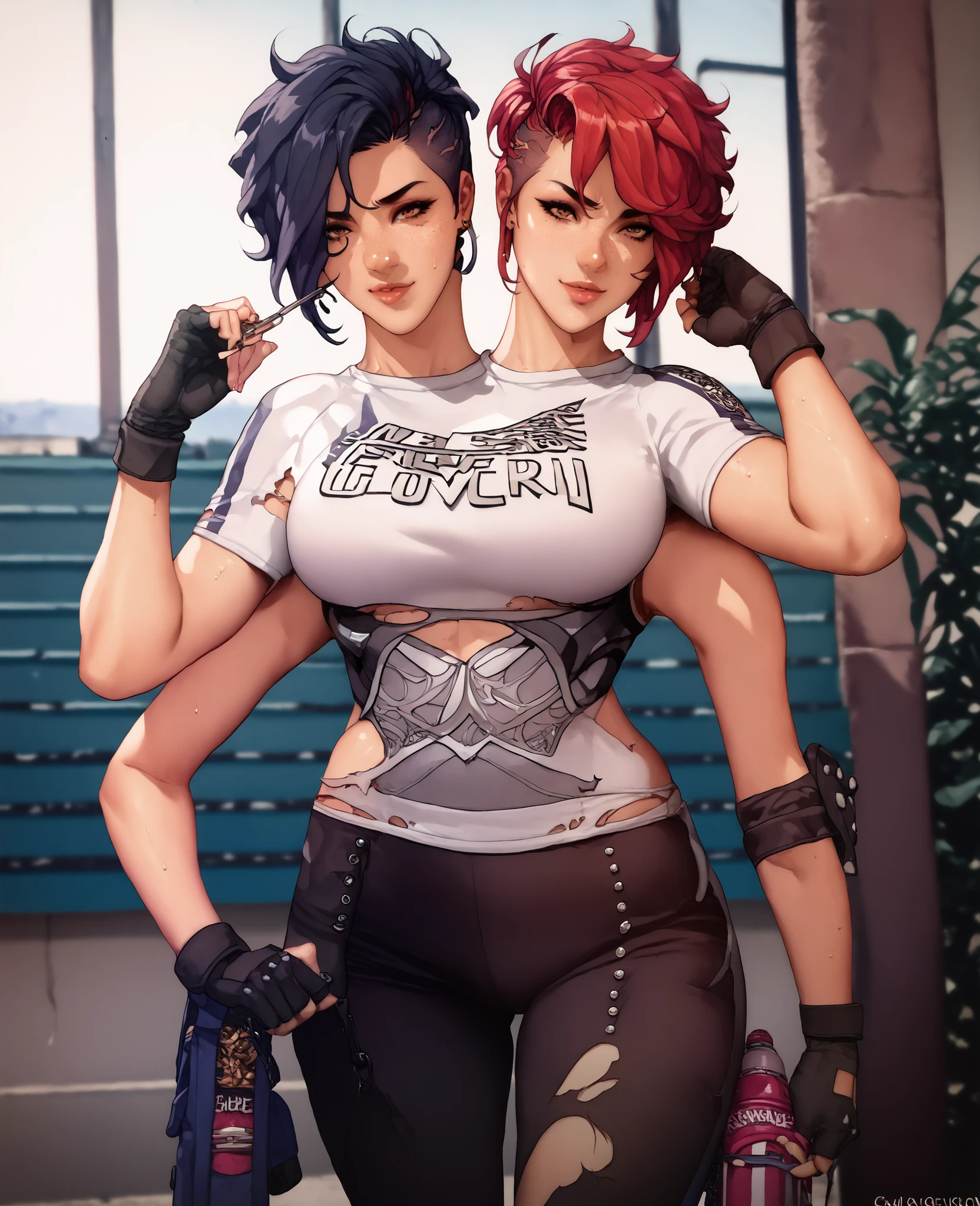 best resolution,anime woman with two heads, gold eyes, different hair colors, red hair, black hair, different hairstyles, different hair-lengths, short hair, long hair, pixie hair, straight hair, hair down, sports jersey, one shoulder bare, torn pants, gloves, high leather bootschokers,four arms
