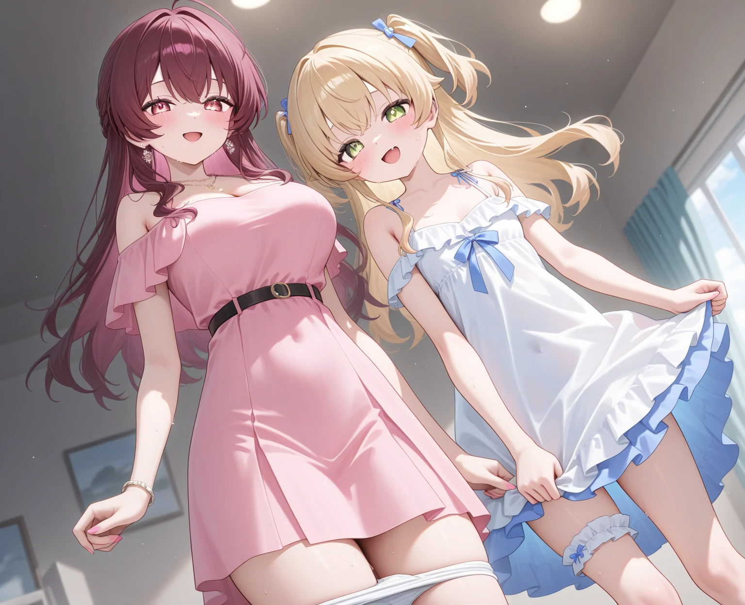 (((masterpiece, Highest quality, High resolution, 超High resolution, Pixel Perfect, Written boundary depth, 4K, About RTTX10.0))), Beautiful anime woman, Beautiful art style, Anime characters, ((Smooth texture, Againalistic texture, Anime CG Style)), Exact finger count、Exact number of legs、(Exact number of arms:1.0, Exact number of hands:1.0), (Perfect hands, Perfect Anatomy), Cinematic, Againalistic, Extremely detailed CG, Daytime lighting, Perfect lighting, Best Shadow, The best natural light, whole body, whole body, ((Again:Starting Life in Another World from Zero),(Againm)), ((She is showing her panties in her hands:1.3)), ((Sexy and cute panties, (Stylish shiny satin pink panties:1.2), Lace panties:1):1.3), (Beautiful and very large breasts:1.2), (Feeling embarrassed, (blush:1.2), (Embarrassed look:1.5), (library:1.5), Angle from the front, holding panties, Panties as a gift