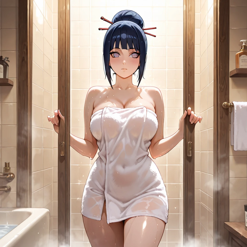 NSFW、In the best quality、Teenage girl standing in a room。In high resolution、Beautiful details、Quiet atmosphere。Black hair ponytail、Cute Smile.。Small breasts、naked。