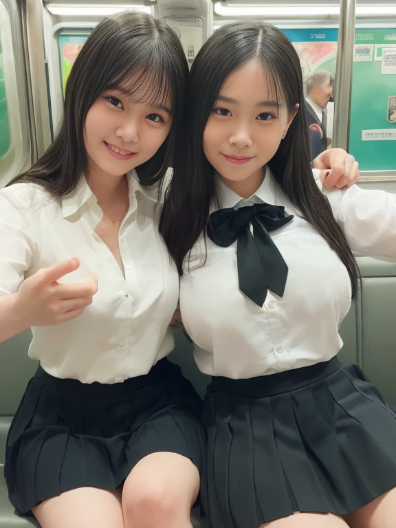 (High school girl on the bus:1.4, 17 years old, Cute Face:1.5, Triangular face, sit in a bus seat, commute), View your audience, ((Embarrassing:1.3, Smile:1.1)), A shy smile, Open your mouth, Silky skin, Natural Makeup, Glossy Lips, (((Group shot、Three beautiful girls))), (show :0.5), (Same uniform:1.5, White shirt with open neck, See through, Dark Check Pleated Skirt:1.4), (naked :0.2), (Three Girls:1, Perfect Style), ((Slender body, Shaggy short hair, Hair Ribbon)), (show panties), (RAW Photos:1.4),((Thighs, stockings, Legs wide open)), (Gentle lighting, 8k, RAW Photos, Idol), Get used to it, Window with Street View as background、((Big Breasts))、((透明なレースのパンツをshow)、(Black Pants、Purple Pants、White pants、Pink Pants、Leopard print pants、Colorful pants)(H cup with firm nipples)(nsfw)