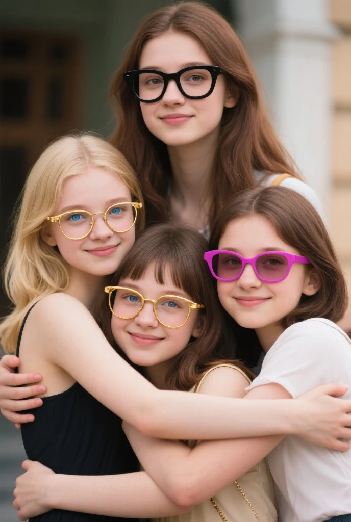 close-up CHILD BLONDE GIRL WITH VERY LONG HAIR, in a black blouse and sunglasses, lasers azuis, fundo vermelho