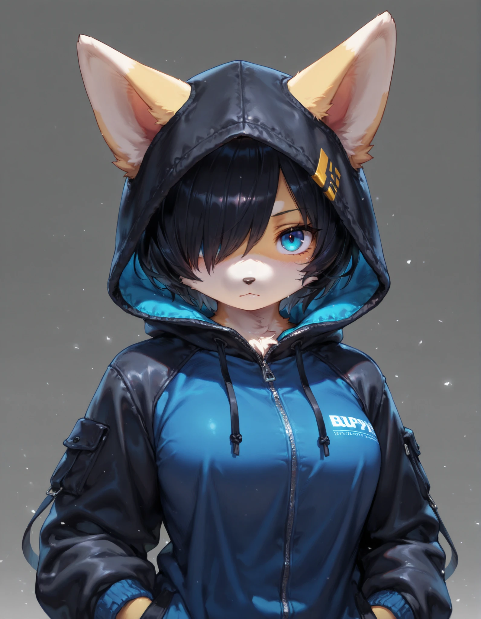 masterpiece, best quality, very aesthetic, 1girl,, solo, hyper detailed, best quality, (furry:1.3), blue eyes, 1girl, looking at viewer, hood, closed mouth, short hair, grey background, black hair, hair over one eye, jacket,