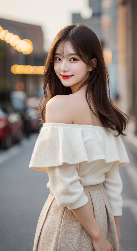 (masterpiece:1.3), (best quality:1.1), (8k, ultra detailed, ultra high res:1.2), ((anime style)), perfect 5 fingers, perfect anatomy, on right, 1girl, BREAK A-line skirt,red skirt, ((lace tops)), BREAK long hair, wavy hair, black hair, (small breasts:0.9), smile, BREAK looking away, cowboy shot, standing, leaning back, (detailed background:1.2), outdoor, outside, in restaurant ((Night city view:1.3)), skyline,