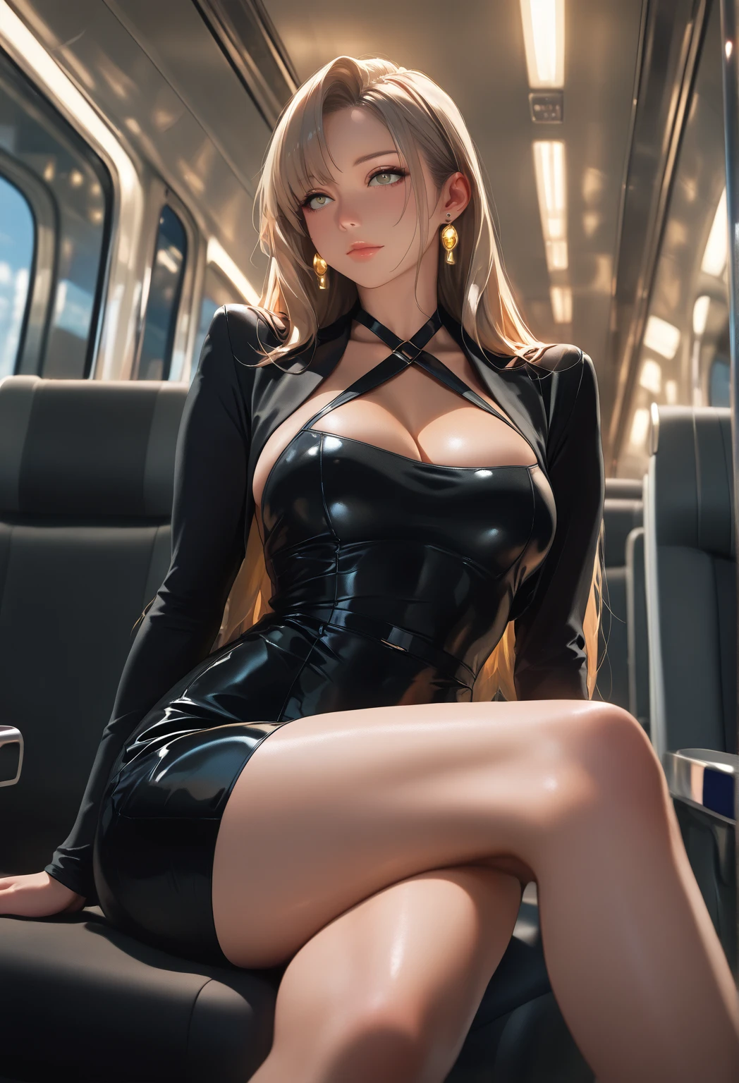 Masseter muscle part, highest quality, realistic anime、8k wallpaper, (beautiful目), ((beautiful)), (Lovely) ,(((1 girl))),(Angle seen from above)、23 years old,(girl lying down、(Blonde long ponytail))、big and full breasts、soft light、(embarrassing)、((red low rise pencil skirt))、(black knee socks)、(Upskirt、black panties)、Black sleeveless high neck