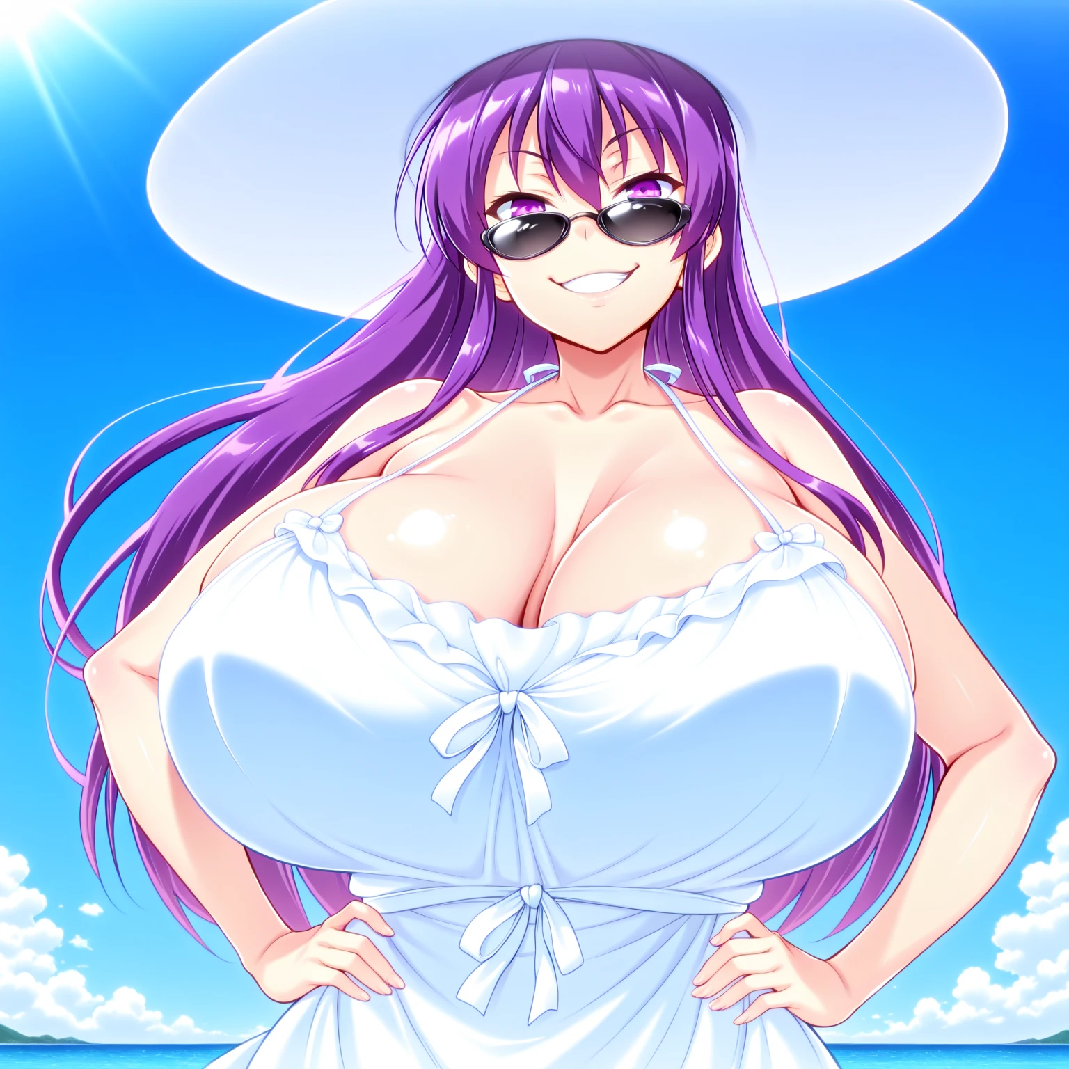 A 6-year-old girl with big breasts, plump body, round, dressed in a purple wedding dress, lace bikini, on the beach, wearing glasses, wearing a thin tulle