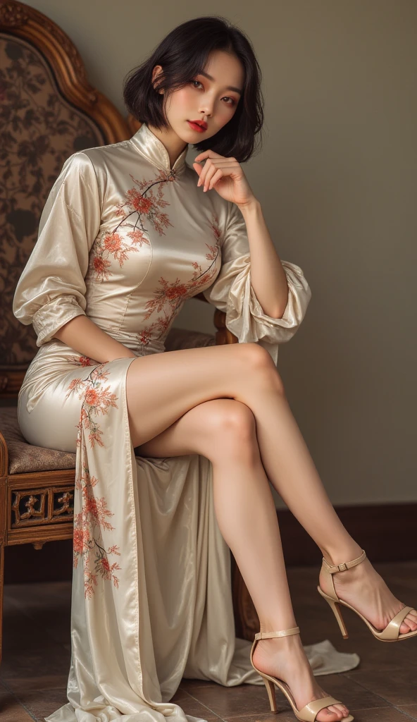 Arabian woman in a dress sitting on a chair and leaning against a wall, China dress, Luxurious aristocratic robes, A sophisticated gravure idol, China dress, brocade dress, ( ivory black ), Royal elegant pose, Wings Racewear, Intricate fantasy dress, Elegant Japan Woman, Elegant attire of the imperial royal family, Wearing ancient Chinese costumes, Lovely, royal brocade dress