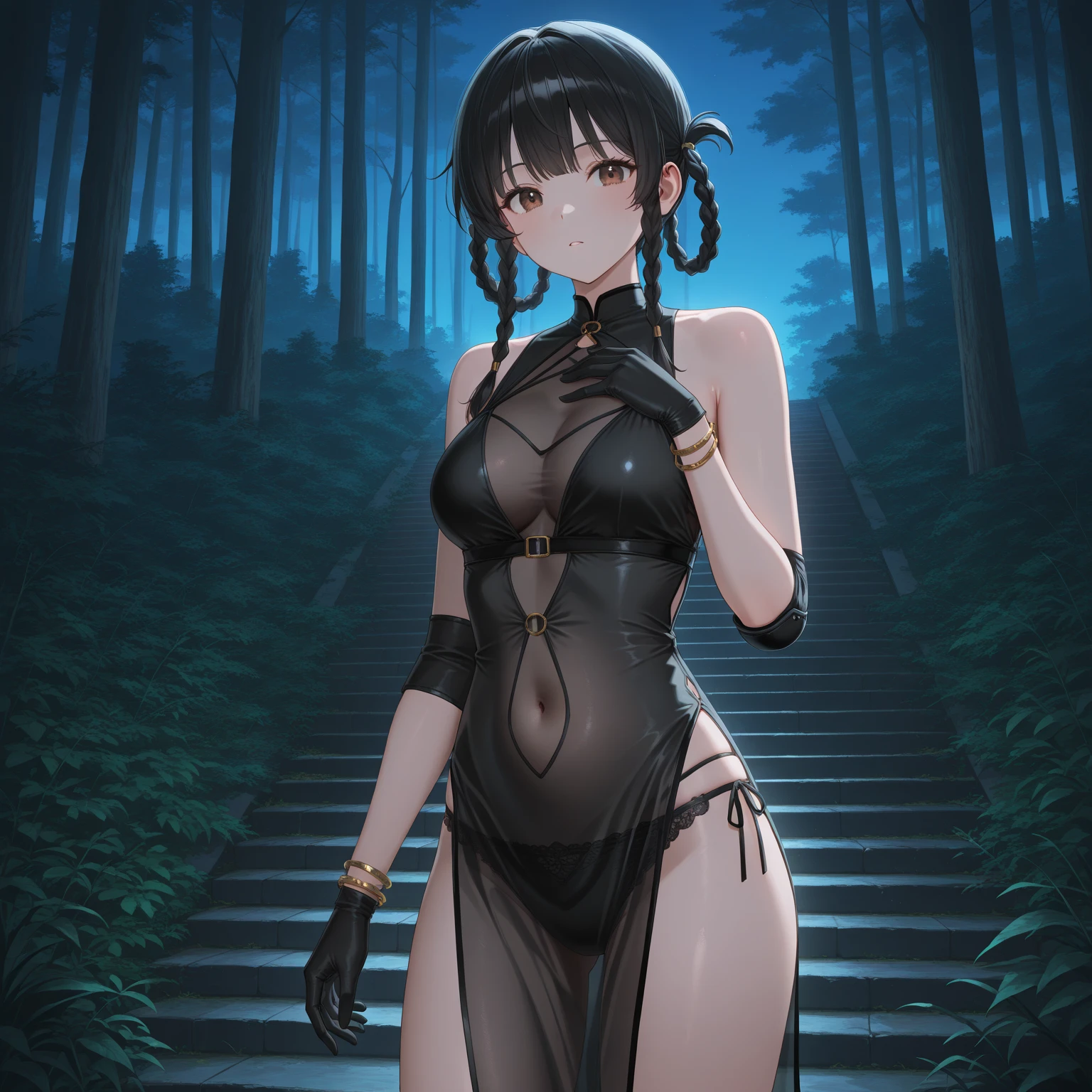 (((masterpiece, highest quality:1.3))),nsfw,,cowboy shot,30 year old beauty, solo,(((very small head:1.3))),short bob hair,bangs,black hair,Black cotton blindfold,sad,drooling,medium breasts,(((very long body:1.3,slender body))),skinny,gleaming skin,oily skin,sweat,shibari,hemp rope、naked,nipples,navel,vagina,incontinence、peeing,bukkake,excessive cum:1.3,squatting,spread legs,garden、Trees、Garden of a large old mansion、at night、moonlight、