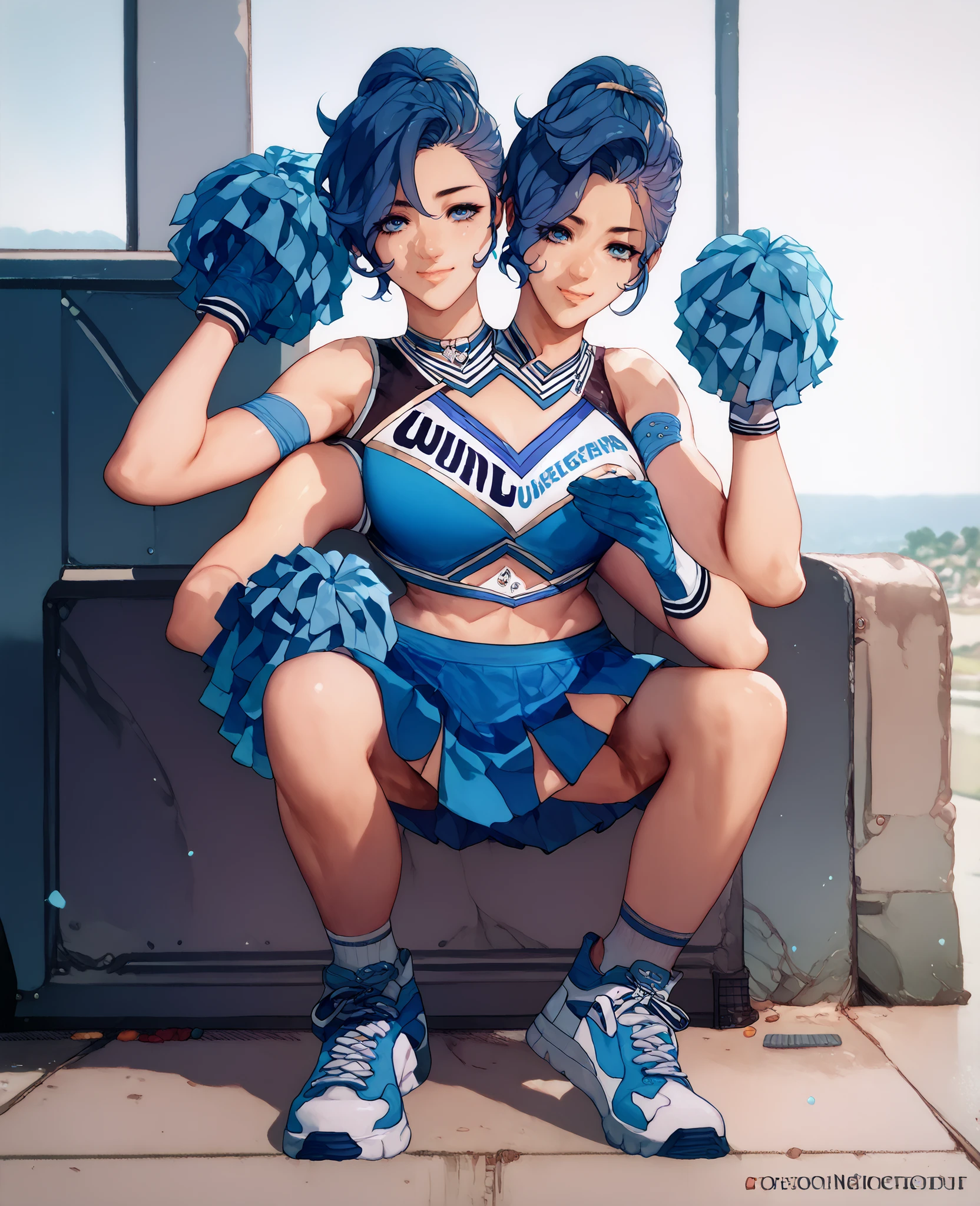 best resolution,anime woman with two heads, blue eyes, different hair colors, different hairstyles, different hair-lengths, short hair, long hair, pixie hair, straight hair, hair down, cheerleader outfit, one shoulder bare, gloves, sneakers,four arms