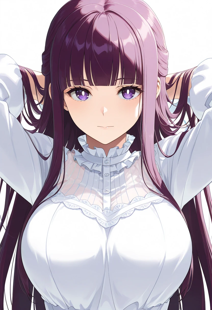 BREAK looking at viewer, BREAK (masterpiece:1.2), best quality, high resolution, unity 8k wallpaper, (illustration:0.8), (beautiful detailed eyes:1.6), extremely detailed face, perfect lighting, extremely detailed CG, (perfect hands, perfect ???????)fern, long hair, bangs, (purple eyes:1.1), purple hair, sidelocks, blunt bangs, (bright pupils:1.5),castle,night,moon,starfall, half updo,
long sleeves,white dress, long dress,wet dress, cleavege,neckline,nipples, from above,bend over,full body.