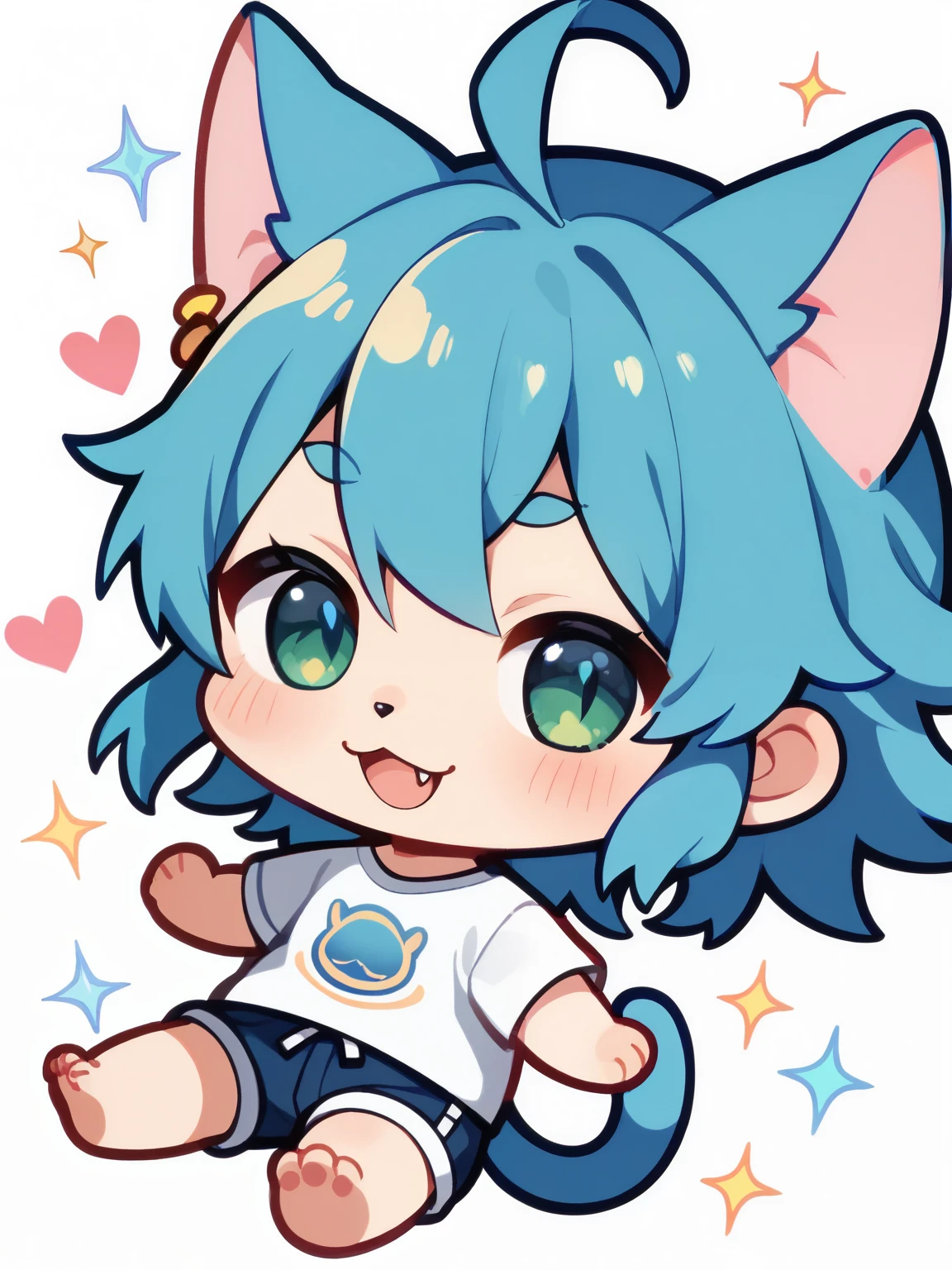 score_9, score_8_ up, score_7_ up, score_6_ up, score_5_ up, anime,nsfw, ( chibi:1.7),1 girl on break day, (Fur Fusion Beauty, kemono:1.4), cat girl, animal nose , Cat ears, blue hair, shorts, solo, shirt, white shirt, =_=, white background, simple background, Blush Stickers, close your eyes, chibi, piercing, hair between eyebrows, bare feet, long hair, mouth from below, トップダウン ボトムup, :3, on all fours, smile, short shorts, t-shirt, safe, masterpiece, Highest Quality, very aesthetic, wacky clothes,Heart Particles,