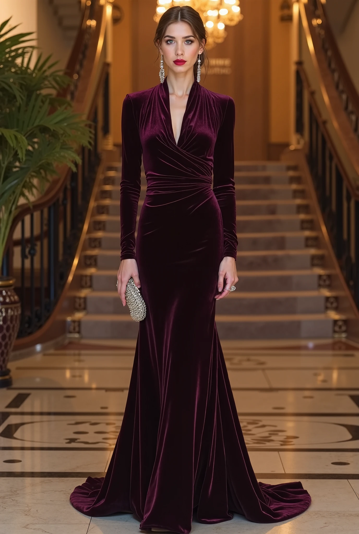 Jennifer Lopez wears beautiful makeup, a beautiful smile and a black velvet dress, standing in a flower garden, looking at the camera