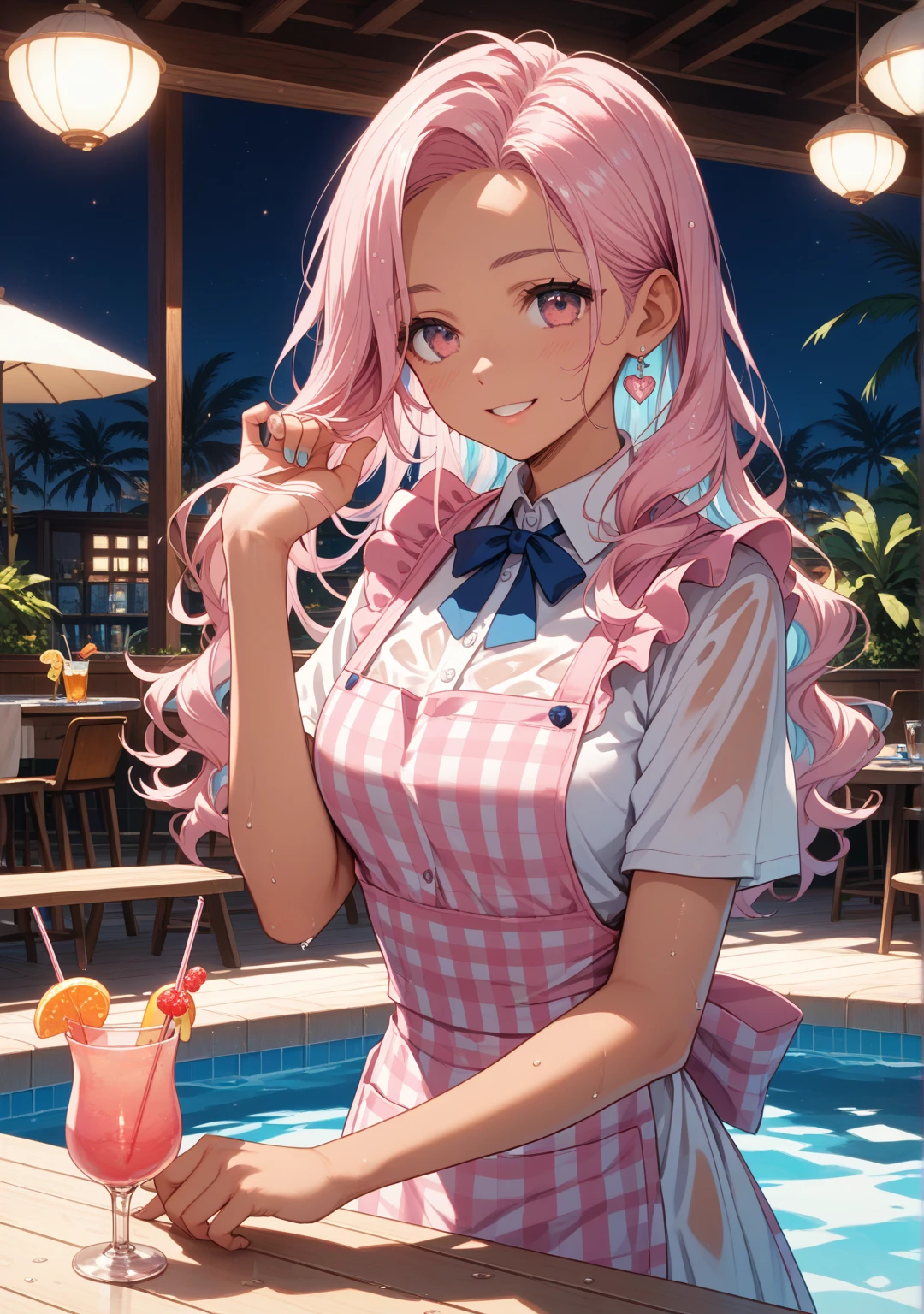 masterpiece, best quality, highly detailed, 1girl, solo, bremerton \(day-off date\), twintails, off-shoulder sweater, choker, jacket, hairband, holding cup, bubble tea, looking at viewer, smile, blush,