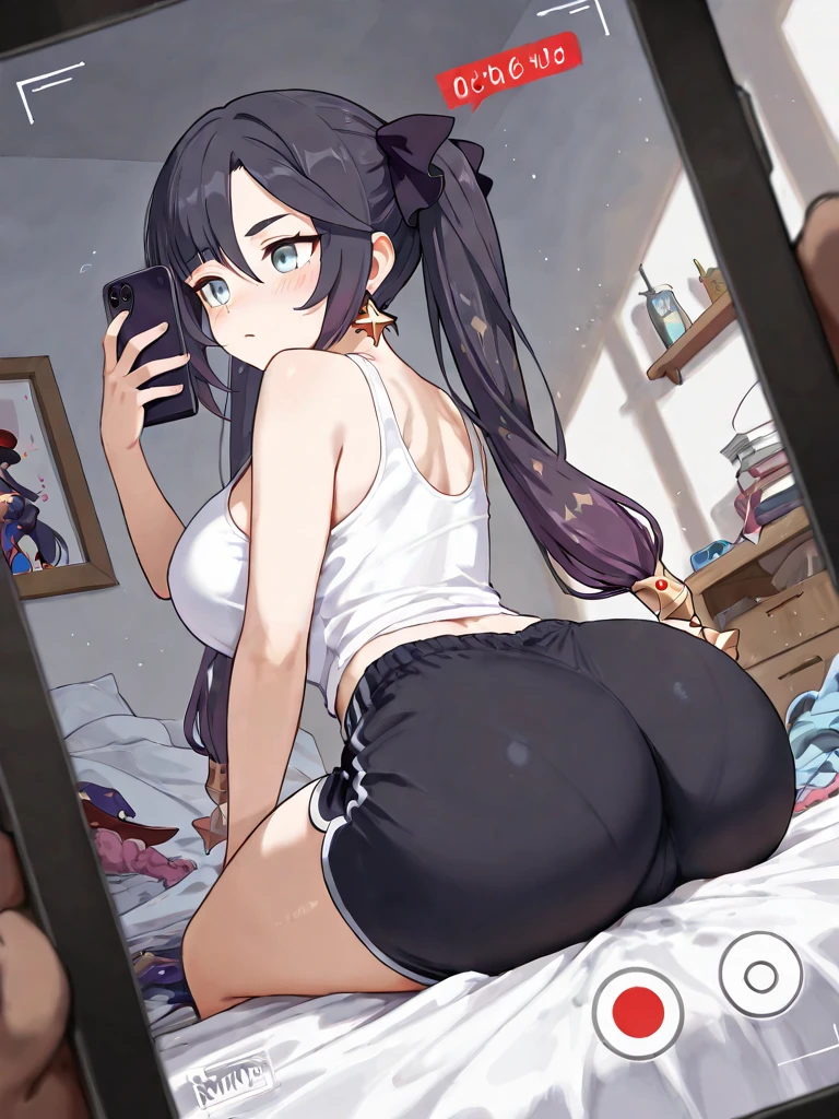 1girl, komi_shouko, ass, solo, breasts, phone, looking_at_phone, underwear, long_hair, panties, black_hair, cellphone, nude, barefoot, bed, black_eyes, huge_ass, large_breasts, lying, smartphone, holding, holding_phone, completely_nude, soles, feet, feet_up, thong